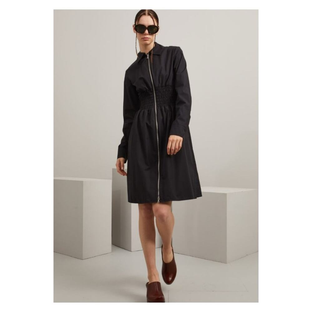 SPORTMAX MaxMara Poplin Smocked Waist Zip Front Shirtdress 2‎ Black